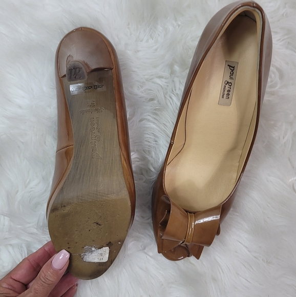 PAUL GREEN BOW OPEN TOE LUGGAGE BROWN PATENT HEEL PUMPS WOMENS SIZE 5.5 - Picture 4 of 16